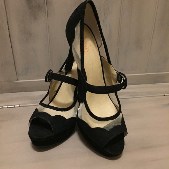 levity Shoes - NIB Levity Mitzi Black Suede Peep-Toe Stilettos